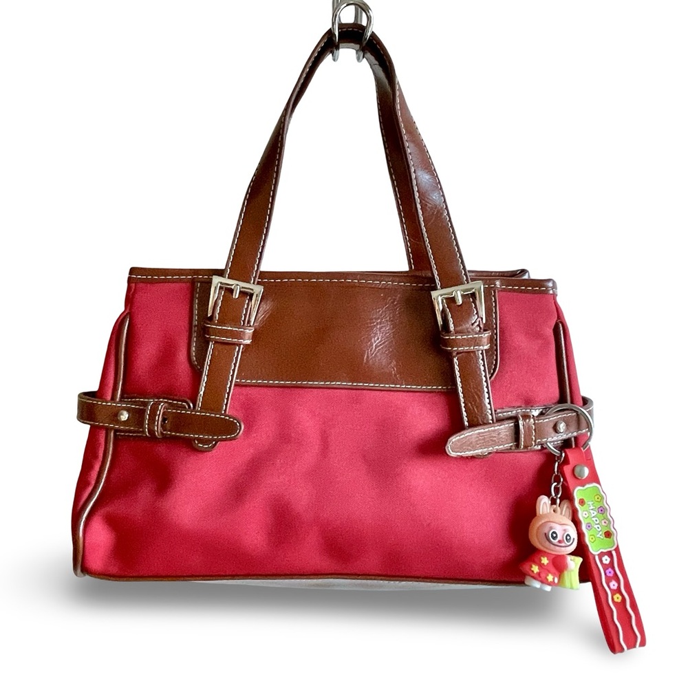 Red with Brown trim Boho Satchel Handbag Snap Closure Labubu Keychain Charm